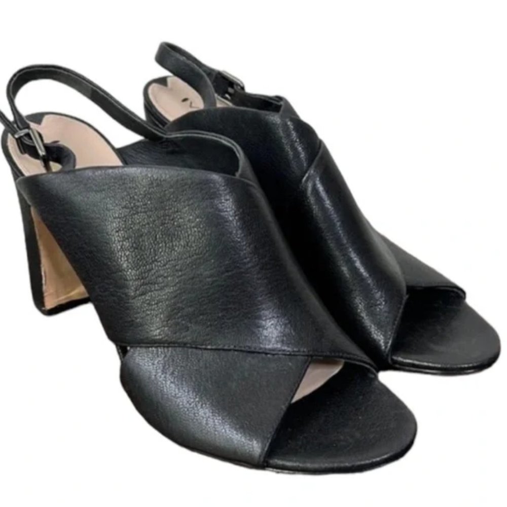 Via Spiga Black Leather Sling Back Block Heel Sandal Size 10